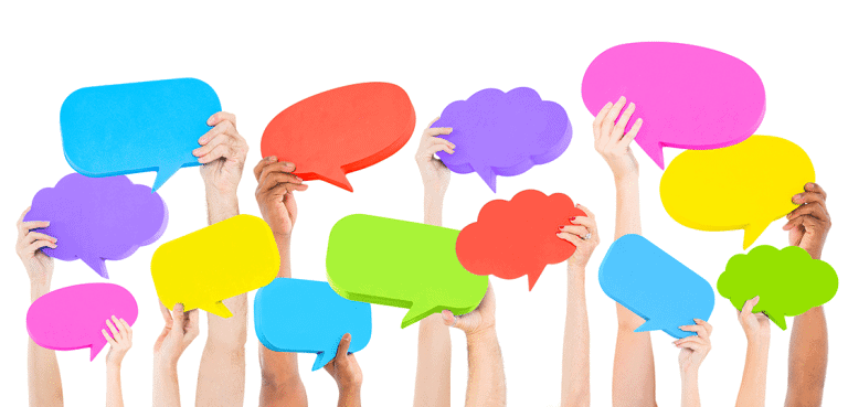 Hands holding colorful speech bubbles.