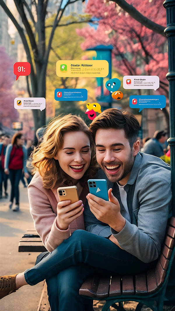 cheerful-couple-using-cellphones